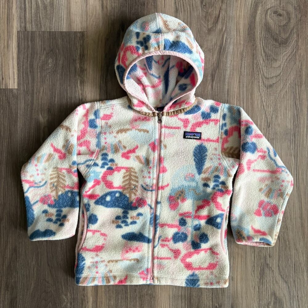 Patagonia Fleece Pattern Hooded Jacket Kids Size 4T Pink Mushrooms